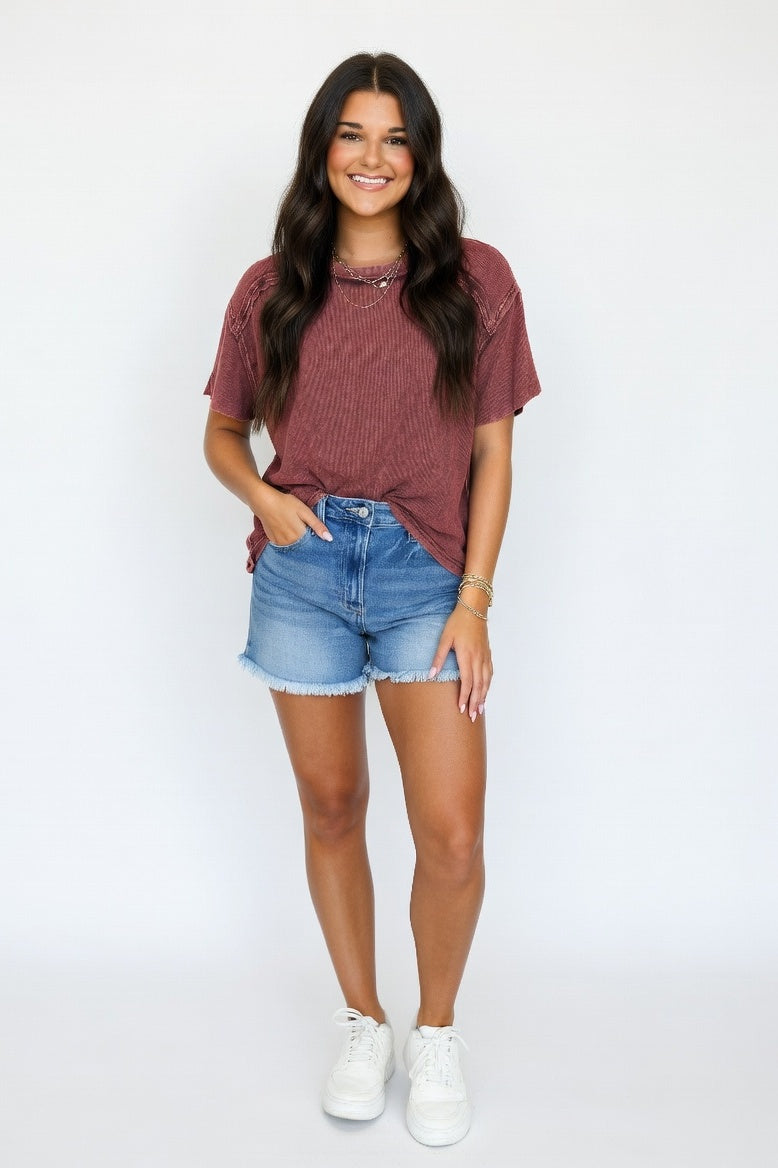 Viscose Short Sleeve Tee — Dark Red
