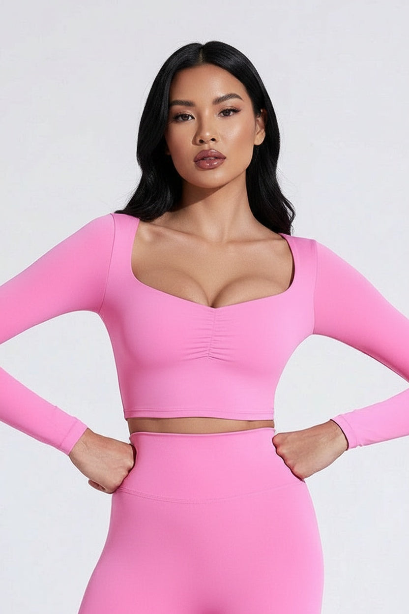 Fitted Long-Sleeve Pleated Yoga Top — S (95-110 kg) — Front