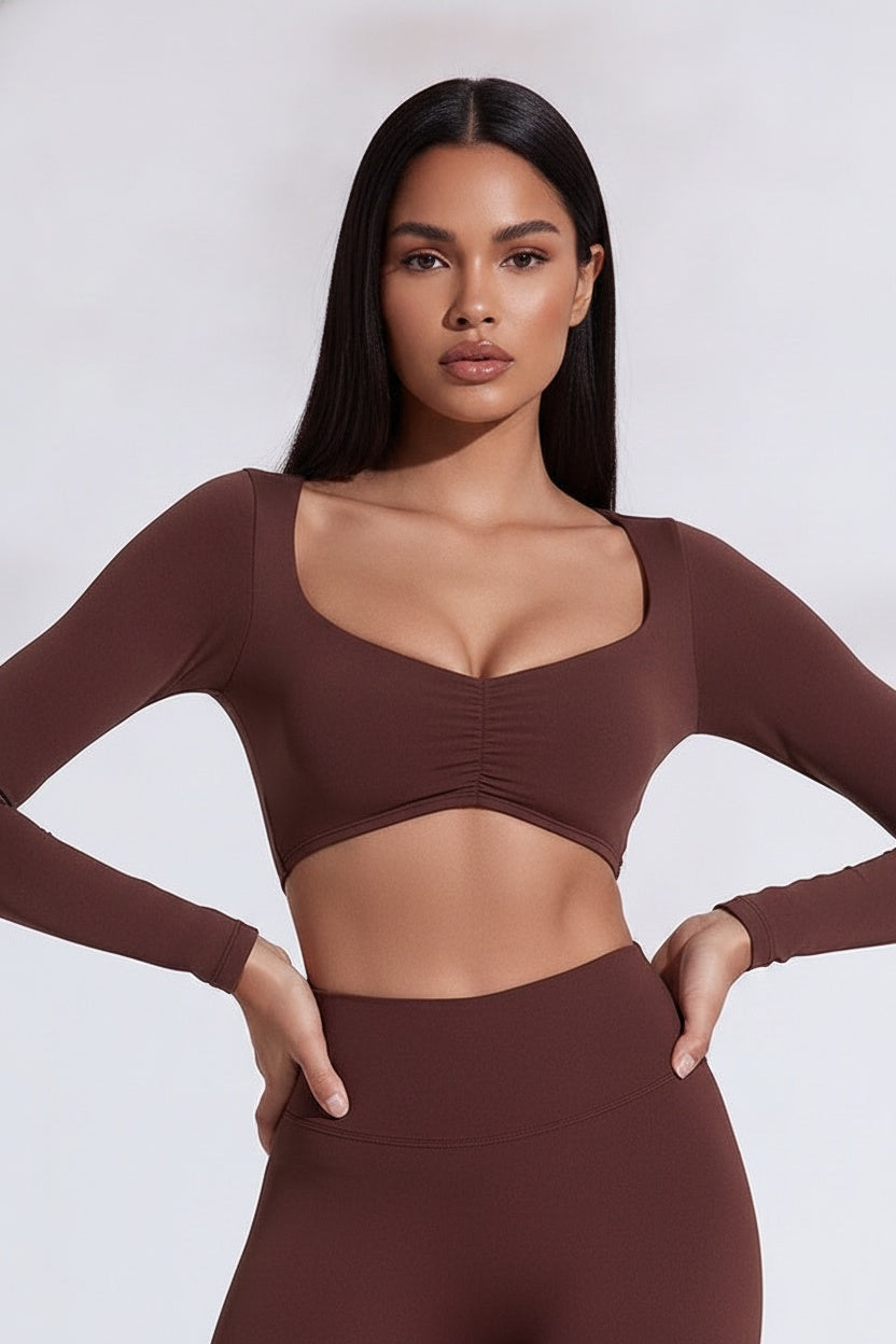 Fitted Long-Sleeve Pleated Yoga Top — S (95-110 kg) — Front