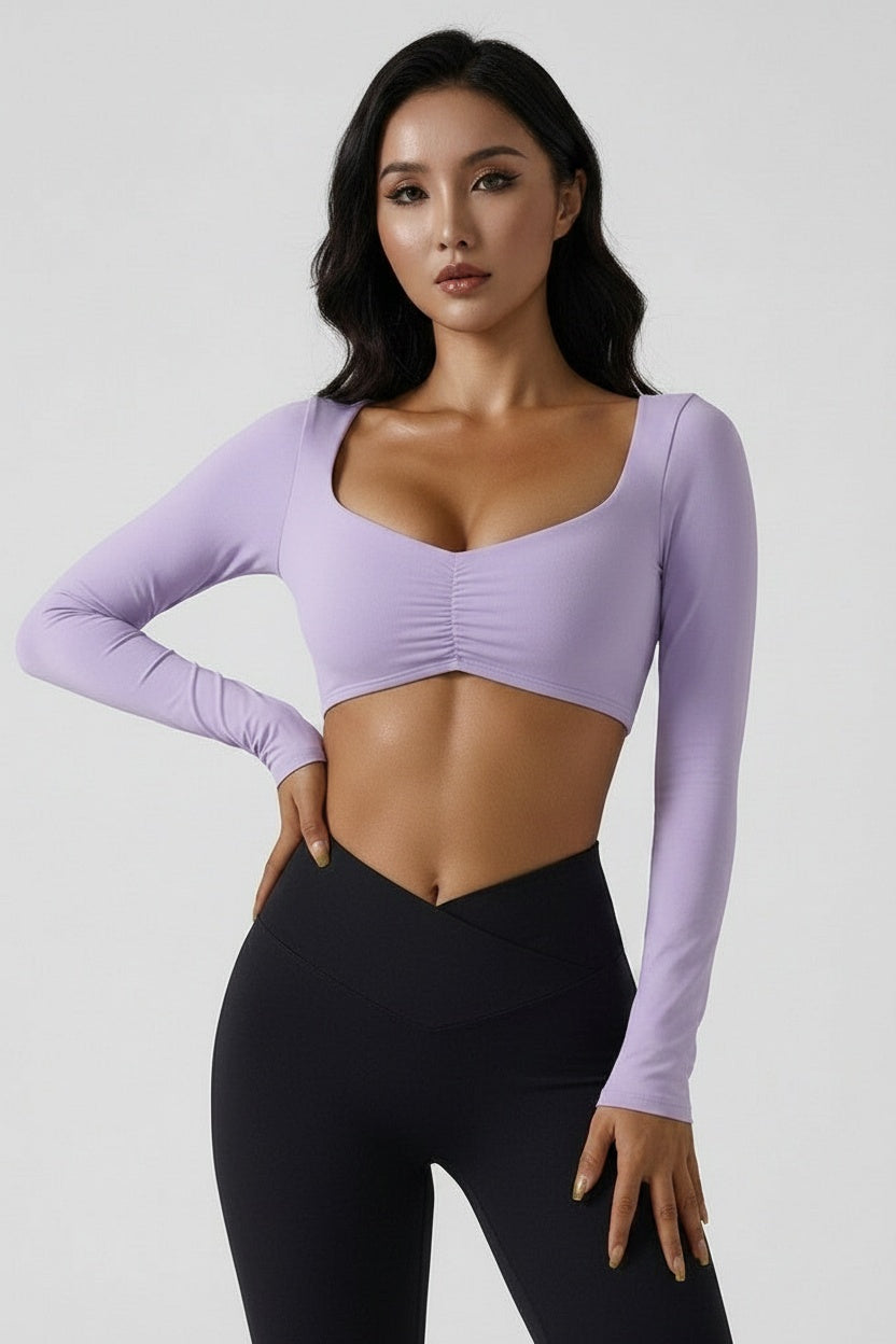 Fitted Long-Sleeve Pleated Yoga Top — S (95-110 kg) — Front