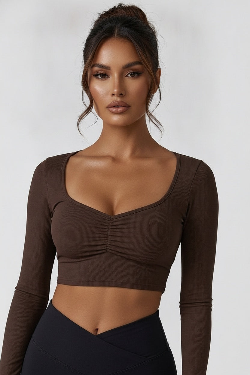 Fitted Long-Sleeve Pleated Yoga Top — S (95-110 kg) — Front