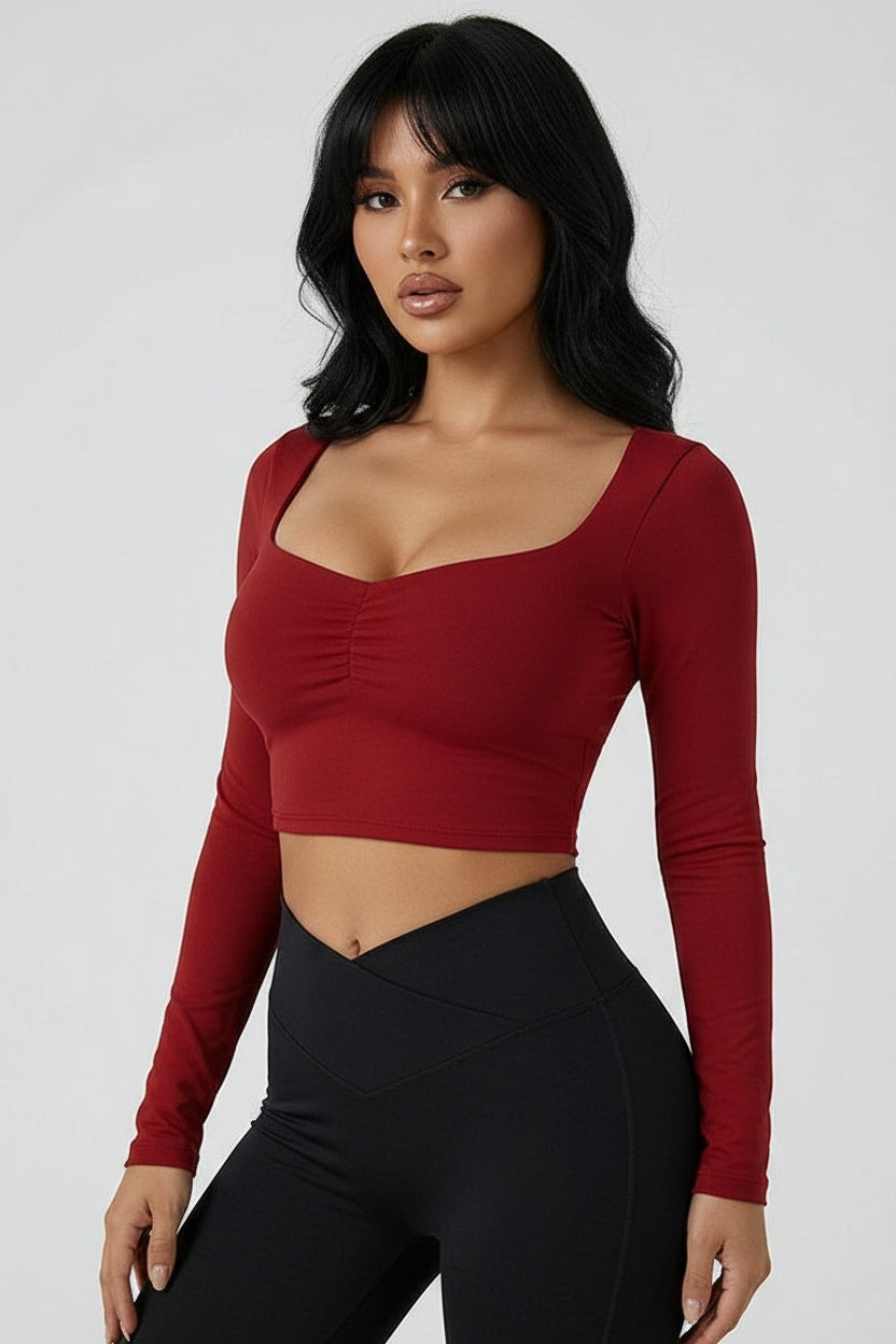 Fitted Long-Sleeve Pleated Yoga Top — S (95-110 kg) — Front