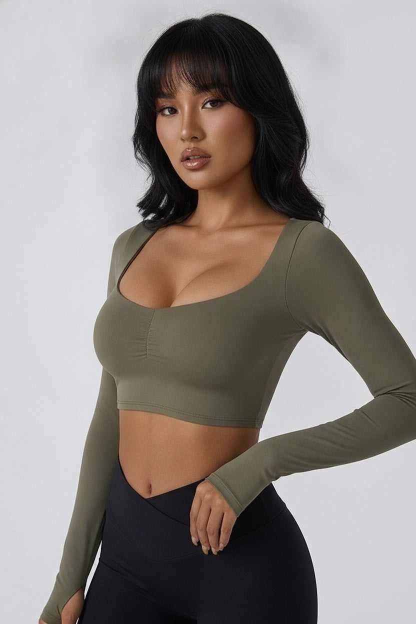 Fitted Long-Sleeve Pleated Yoga Top — S (95-110 kg) — Front