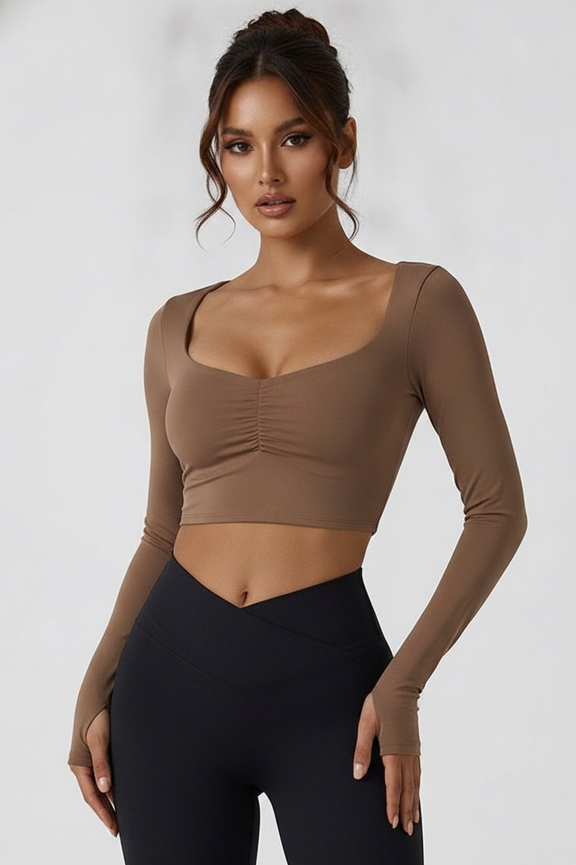 Fitted Long-Sleeve Pleated Yoga Top — S (95-110 kg) — Front