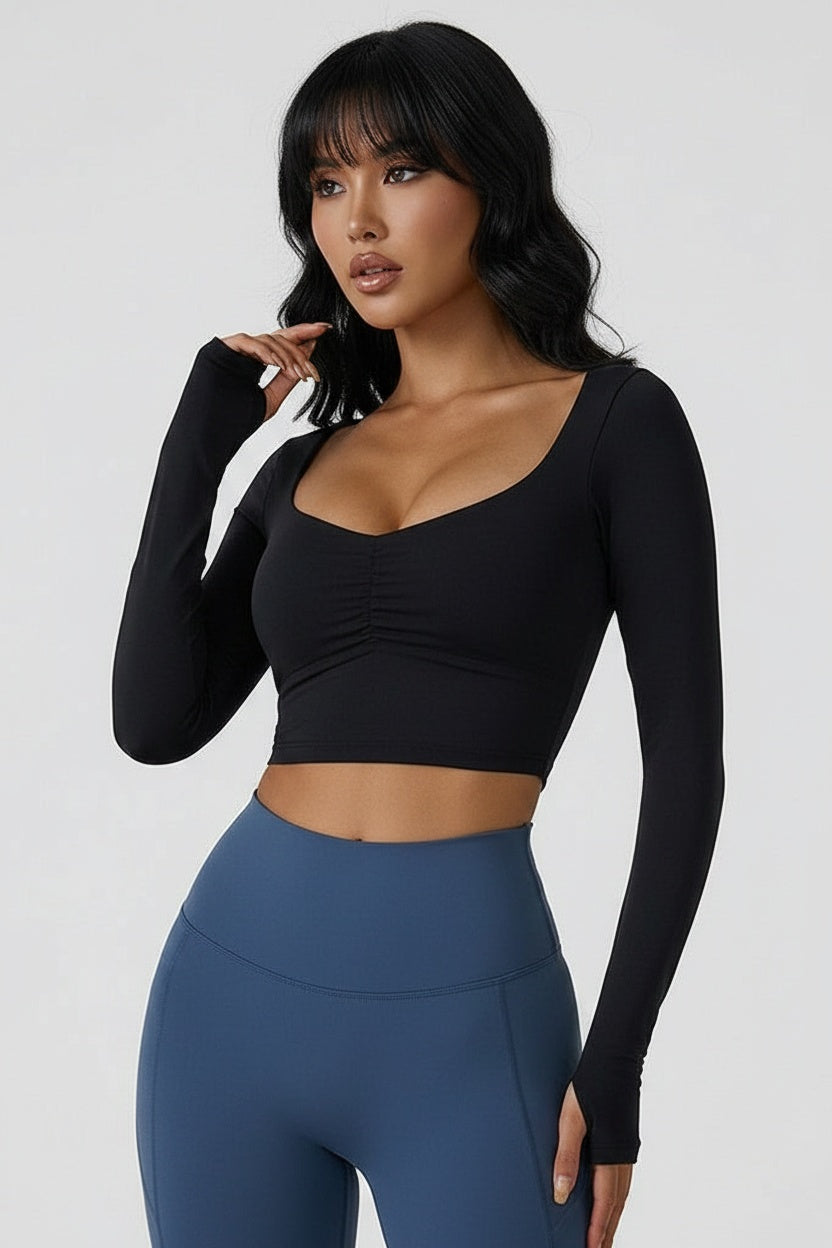 Fitted Long-Sleeve Pleated Yoga Top — S (95-110 kg) — Front