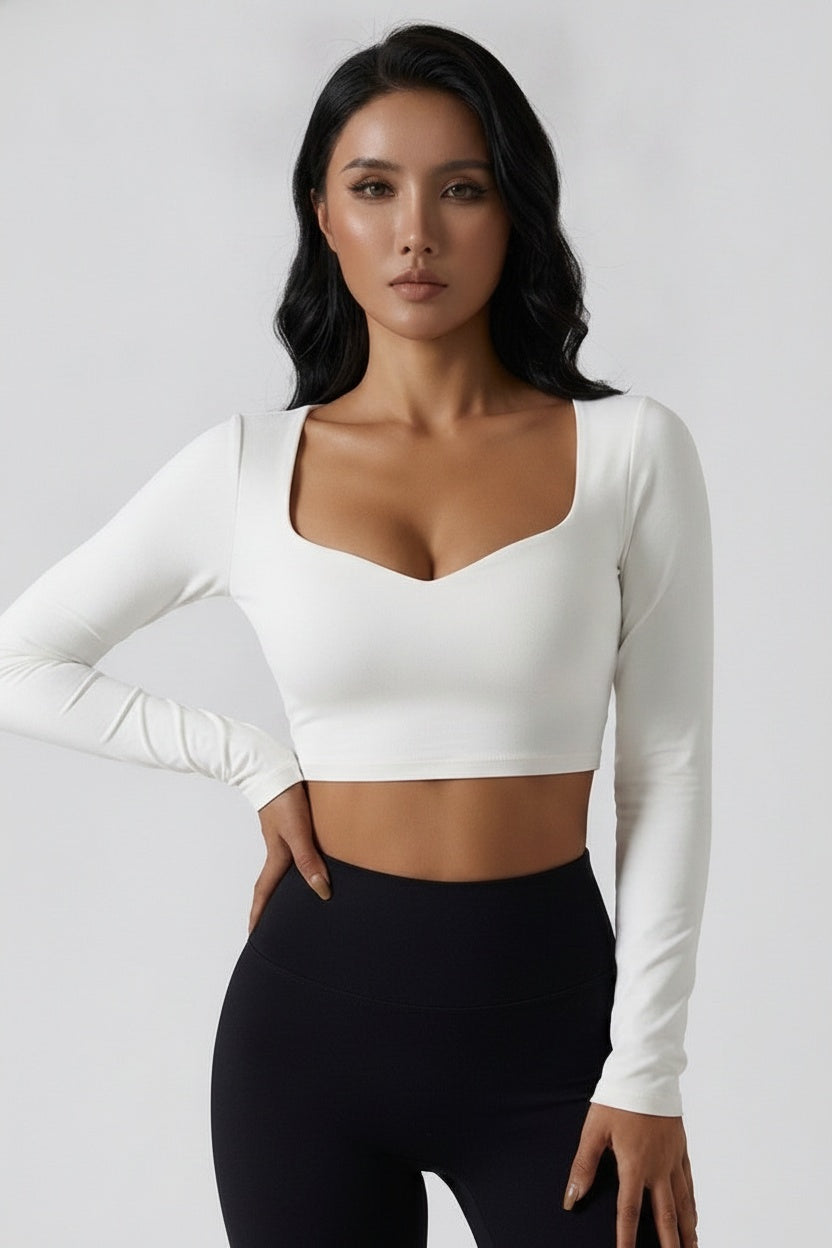 Fitted Long-Sleeve Pleated Yoga Top — S (95-110 kg) — Front