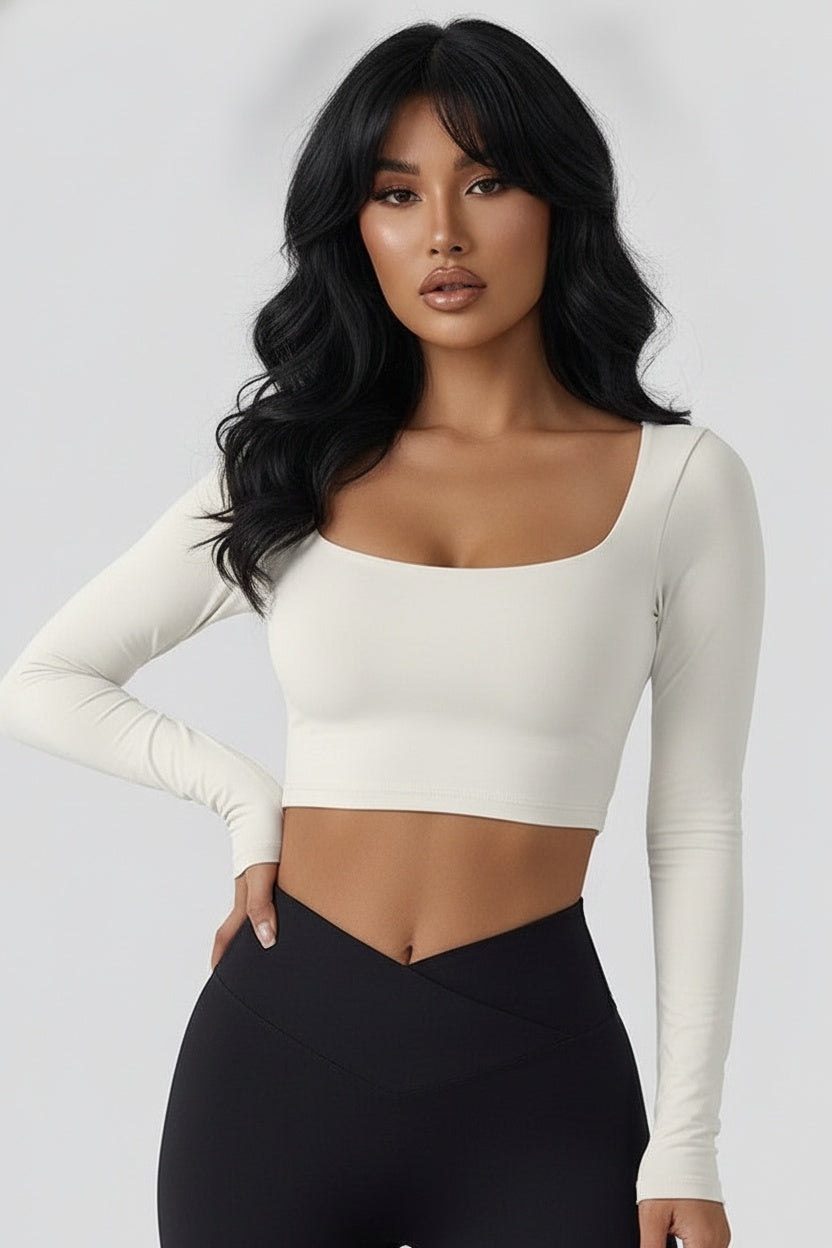 Fitted Long-Sleeve Pleated Yoga Top — S (95-110 kg) — Front