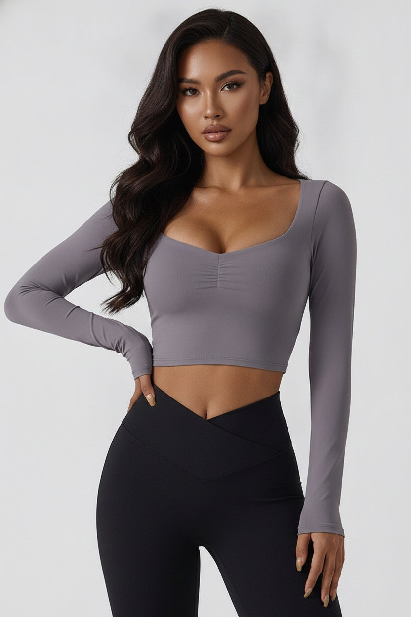 Fitted Long-Sleeve Pleated Yoga Top — S (95-110 kg) — Front