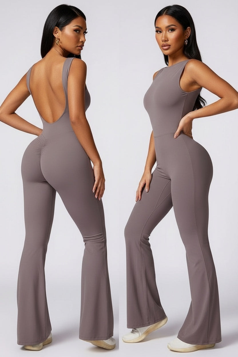 Flared Leg Cut-Out Back Jumpsuit — S — Front
