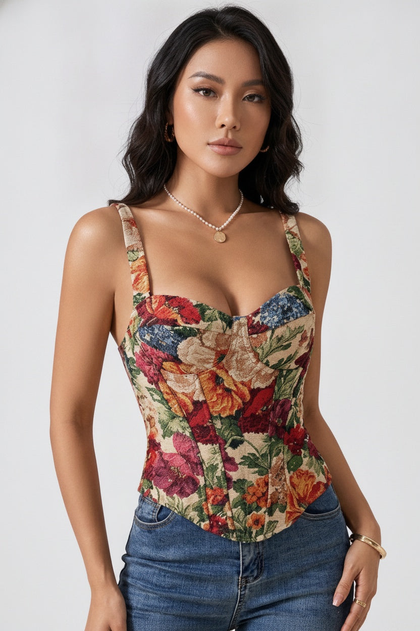 Floral Boned Corset Tank — S — Front