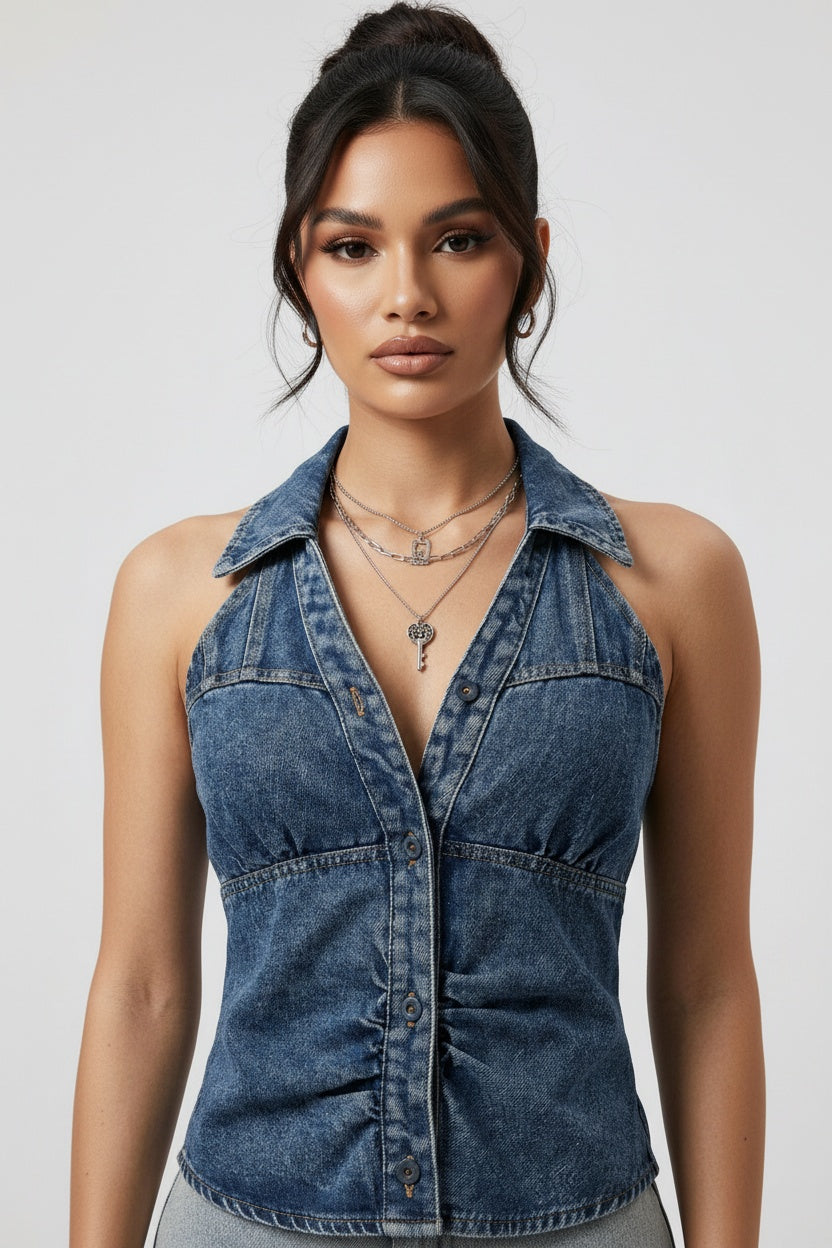 Halter V-Neck Button-Front Denim Top — One size — Front