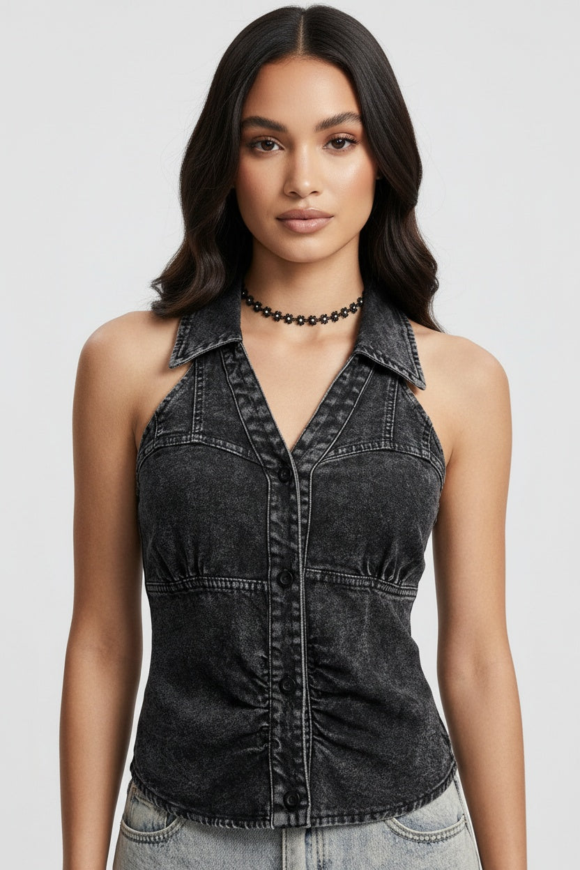 Halter V-Neck Button-Front Denim Top — One size — Front