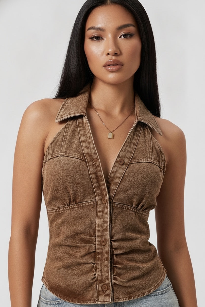 Halter V-Neck Button-Front Denim Top — One size — Front