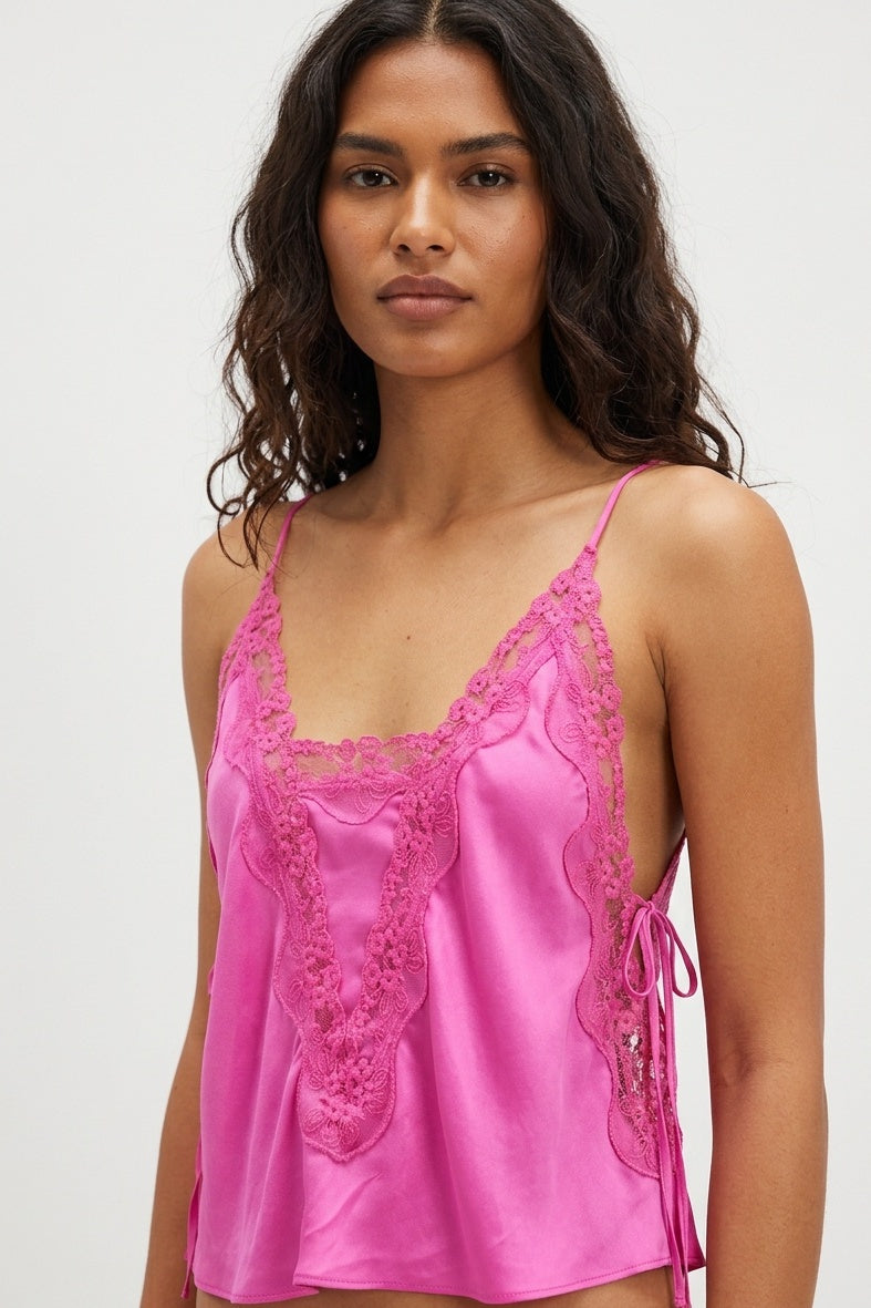 Lace Patchwork Tie-Front Cropped Camisole — S — Front