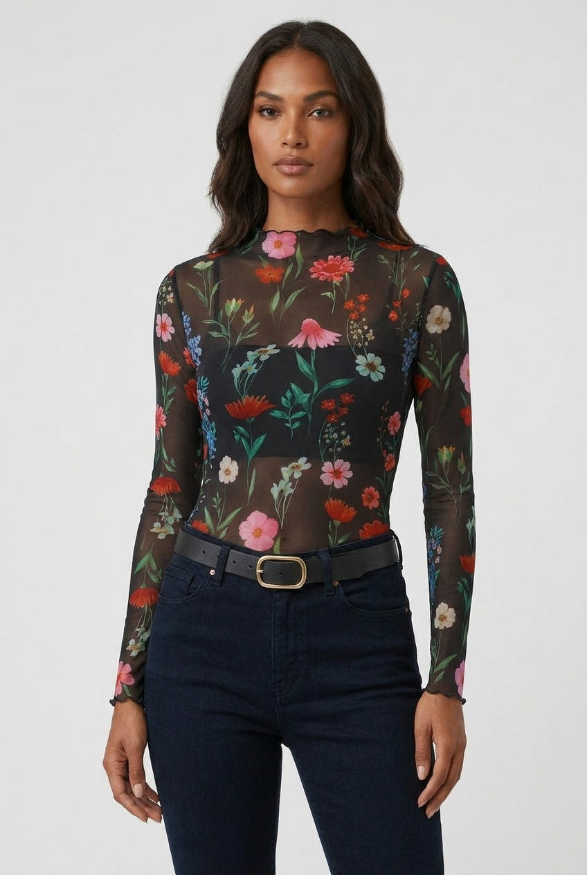 Leopard Print Mesh Ruffle-Trim Fitted Top — S — Front