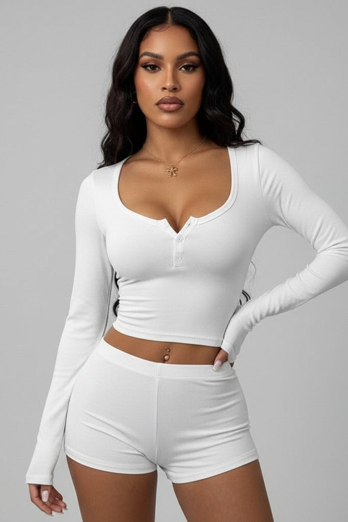 Long Sleeve Button-Up Top & Shorts Co-Ord — S — Front