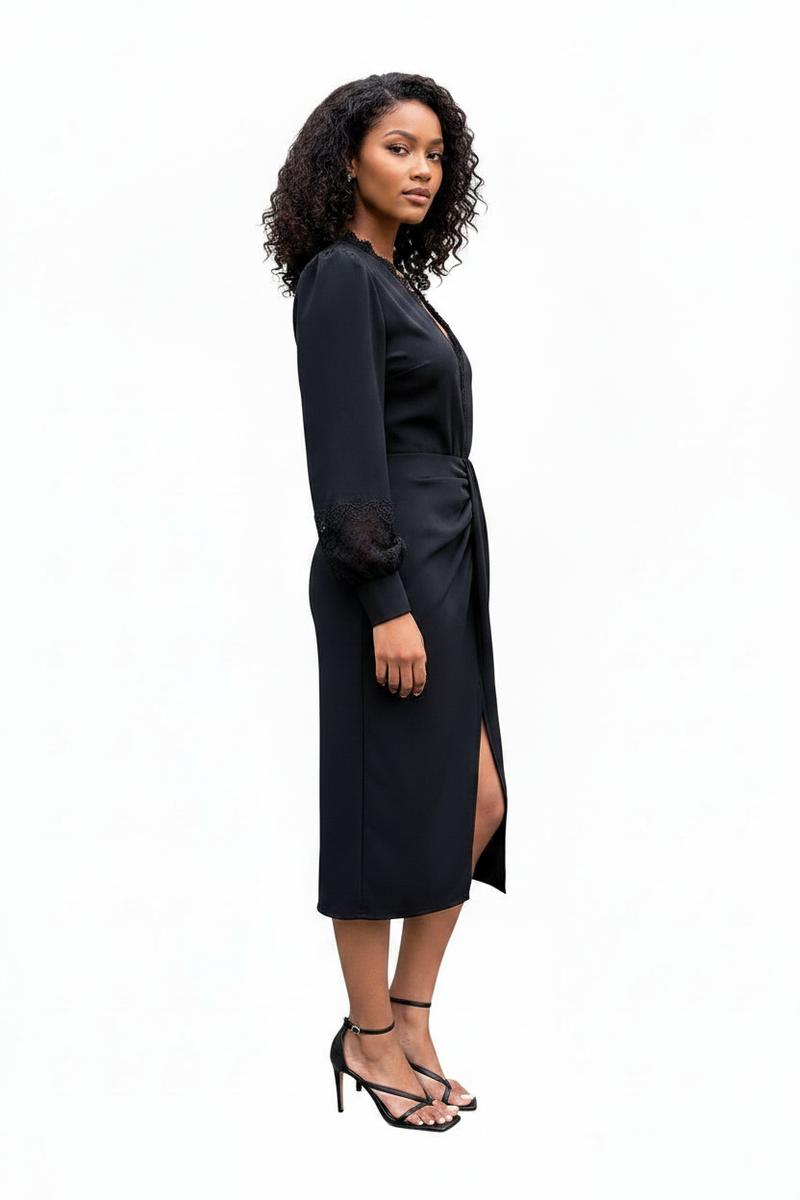 V-Neck Lace Midi Dress
