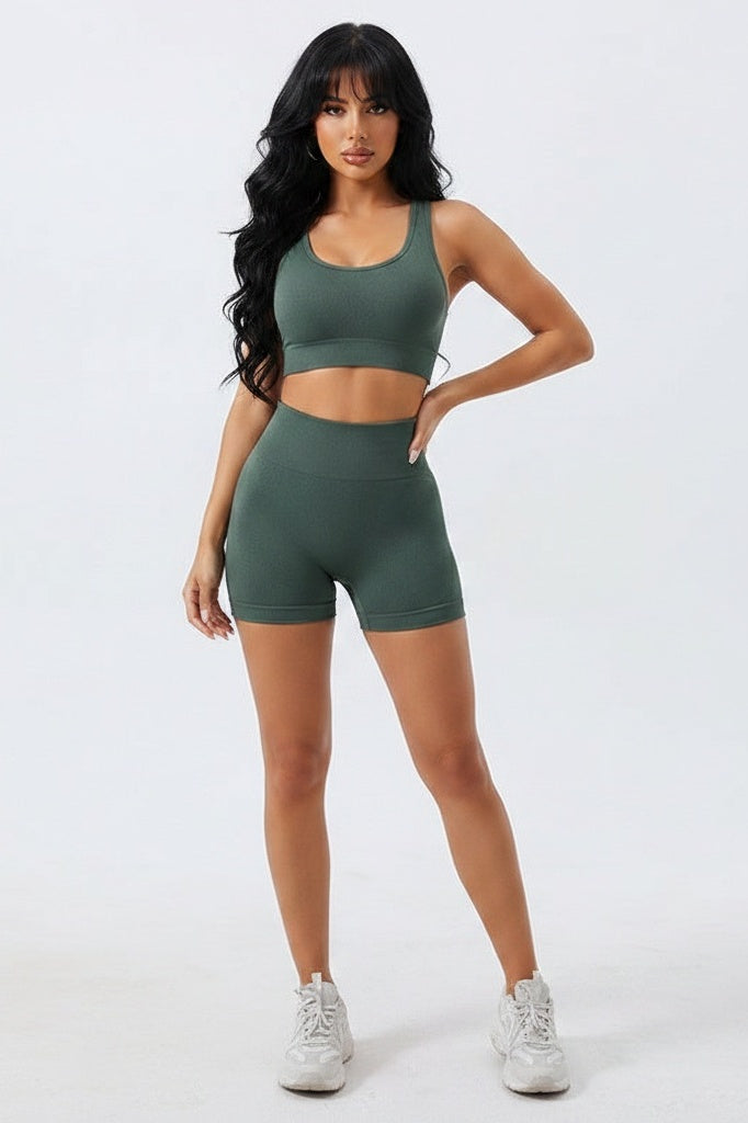Seamless High-Support Vest & High-Waisted Shorts Set — S — Front