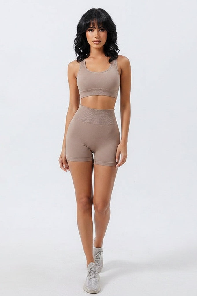 Seamless High-Support Vest & High-Waisted Shorts Set — S — Front