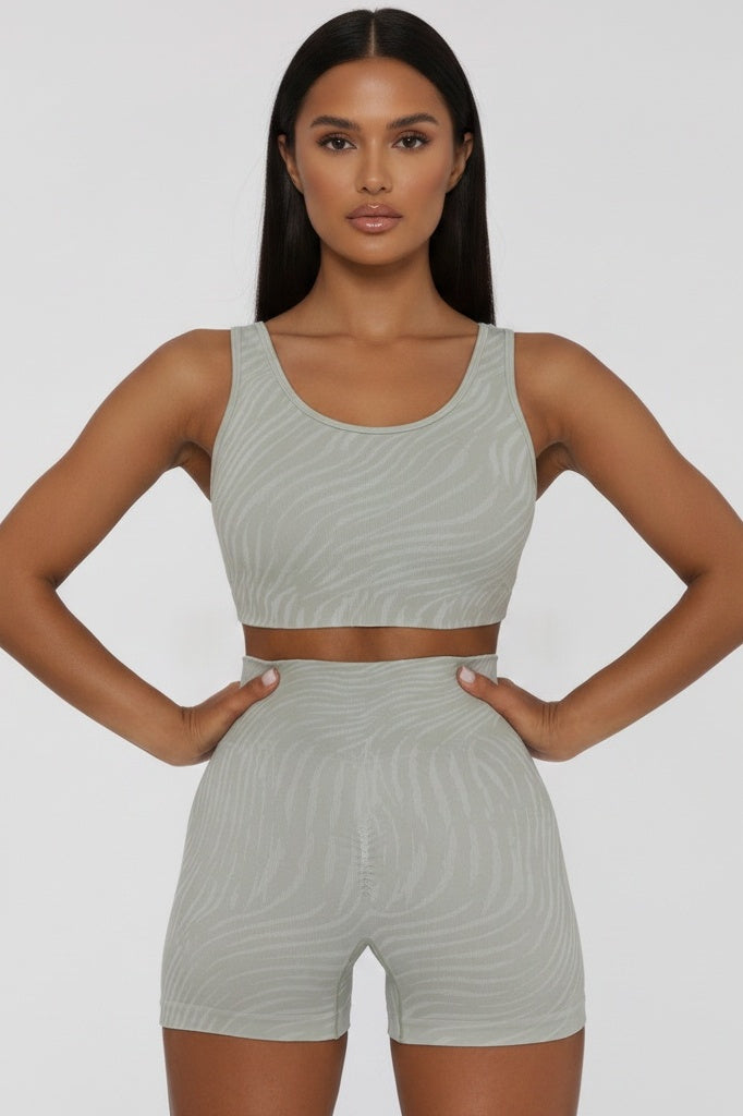 Seamless Strappy Bra, Top & Shorts Three-Piece Set — S — Front