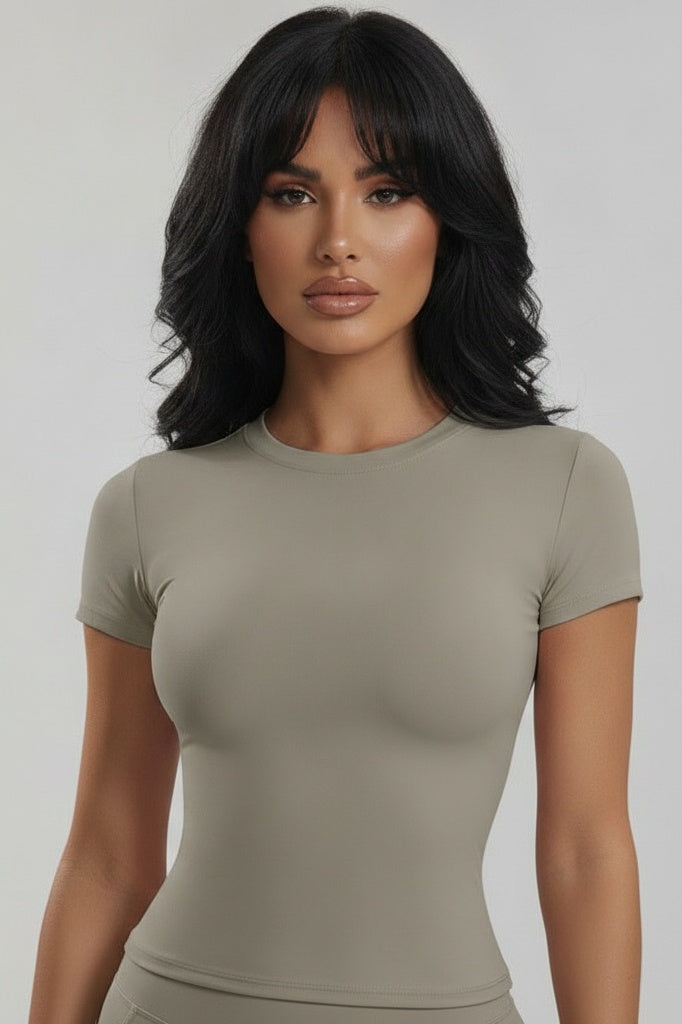 Short-Sleeve Fitted Top & High-Stretch Shorts Set — M — Front