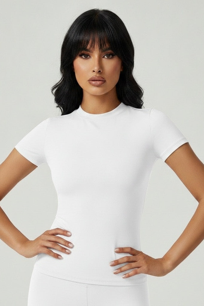 Short-Sleeve Fitted Top & High-Stretch Shorts Set — S — Front