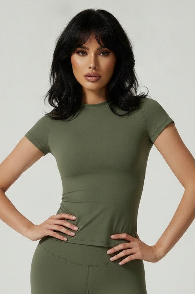 Short-Sleeve Fitted Top & High-Stretch Shorts Set — S — Front