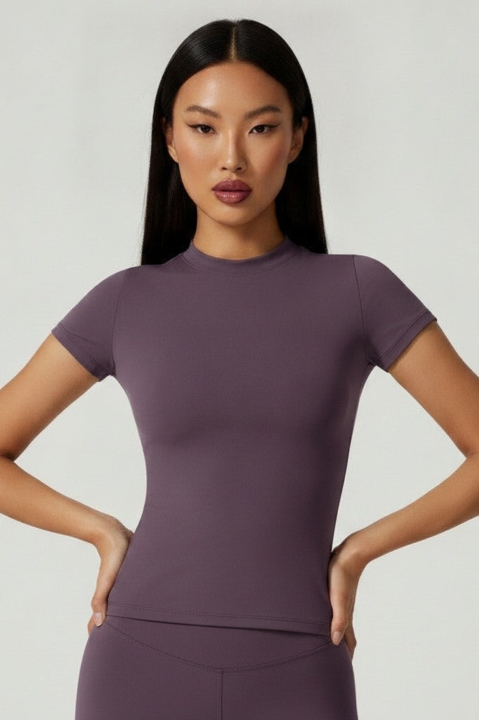 Short-Sleeve Fitted Top & High-Stretch Shorts Set — S — Front