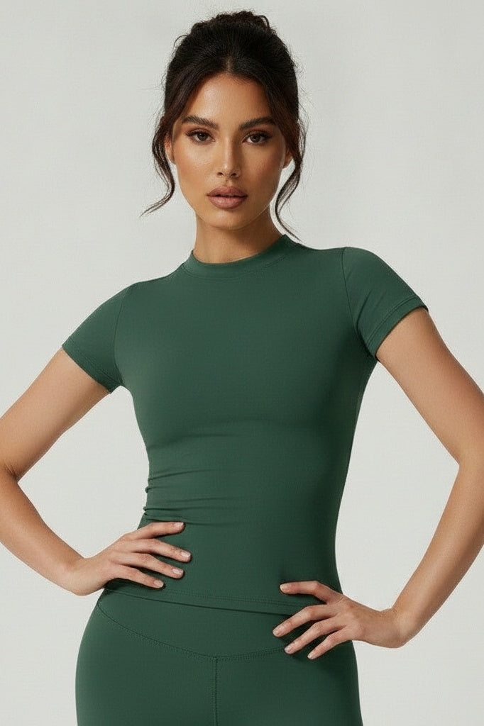 Short-Sleeve Fitted Top & High-Stretch Shorts Set — S — Front