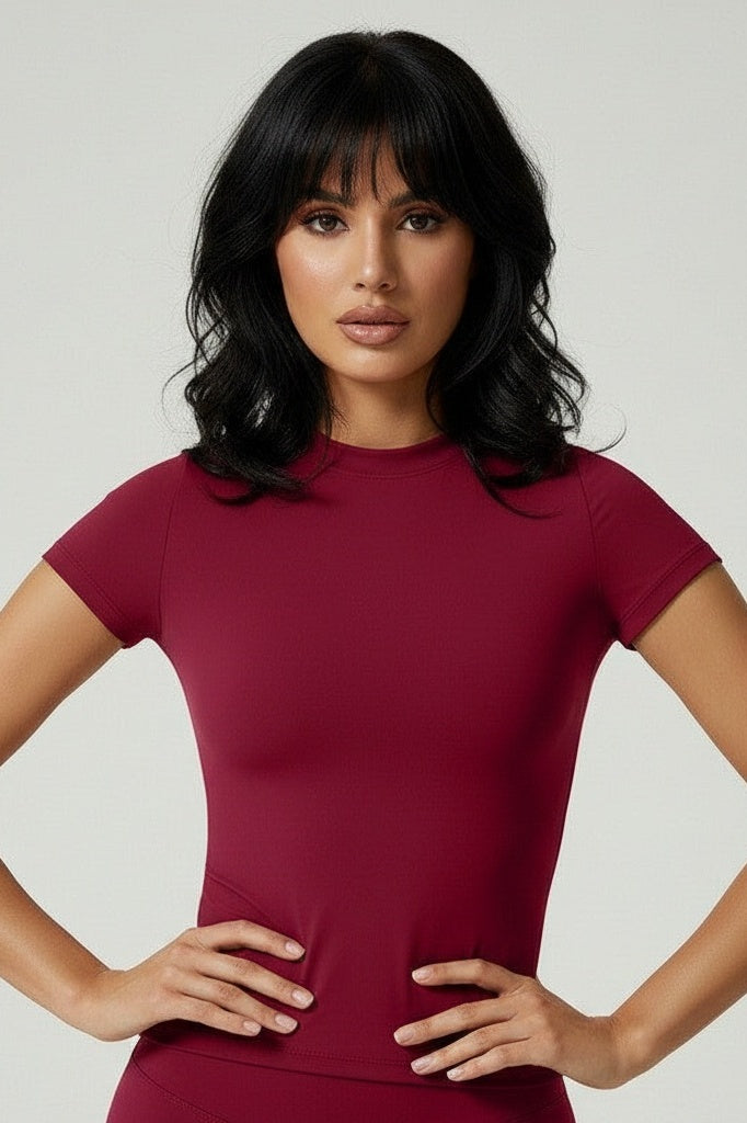 Short-Sleeve Fitted Top & High-Stretch Shorts Set — S — Front