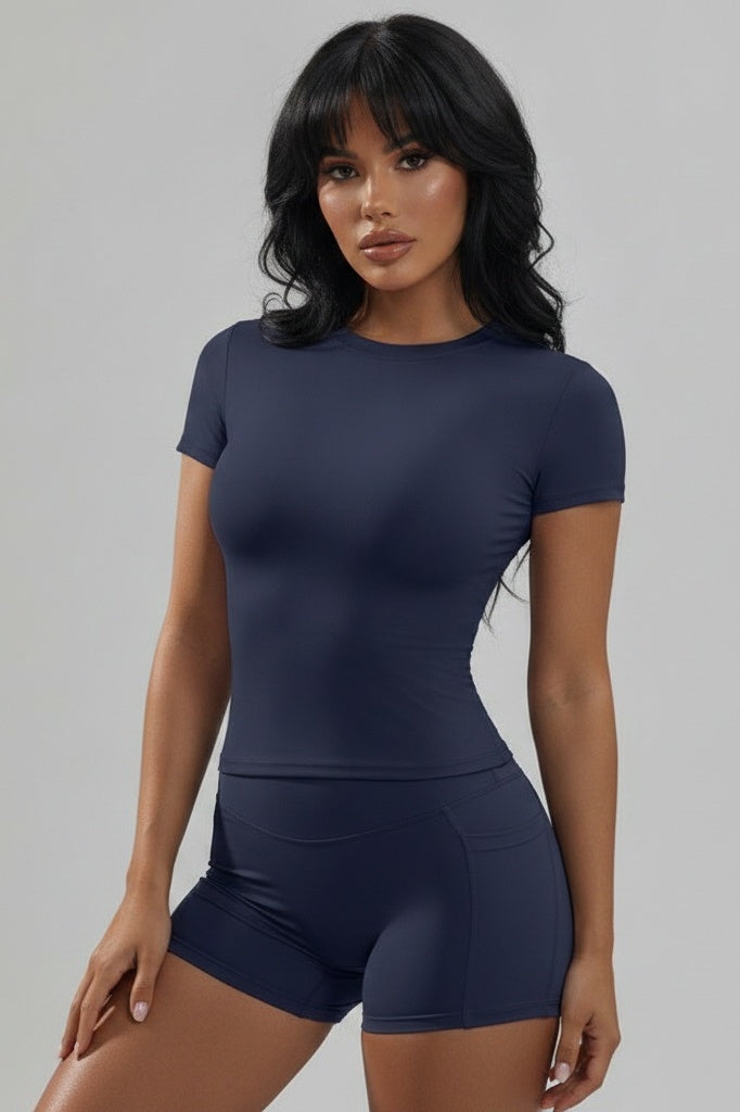 Short-Sleeve Fitted Top & High-Stretch Shorts Set — S — Front