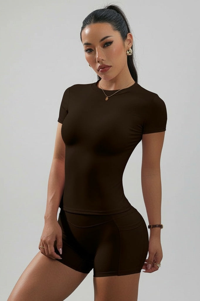 Short-Sleeve Fitted Top & High-Stretch Shorts Set — S — Front