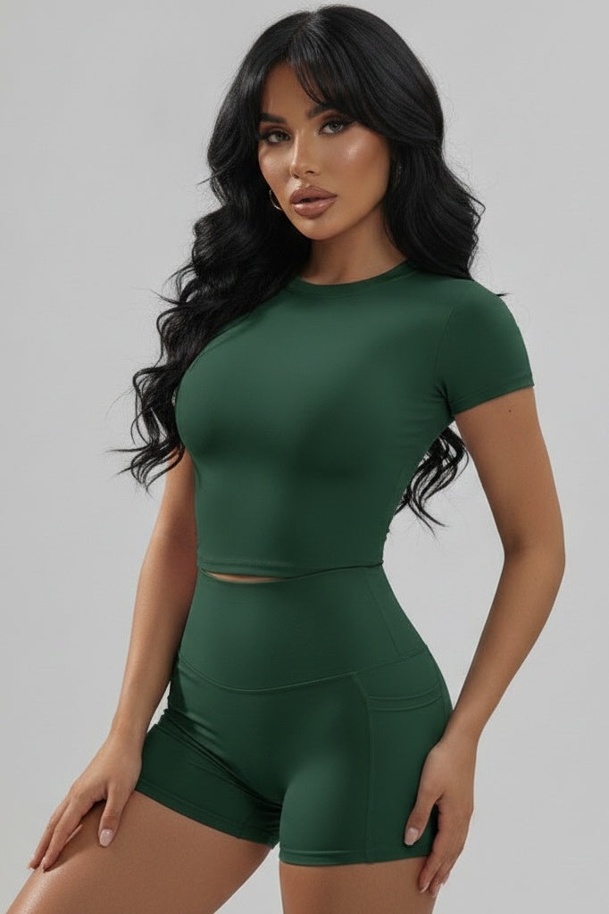 Short-Sleeve Fitted Top & High-Stretch Shorts Set — S — Front
