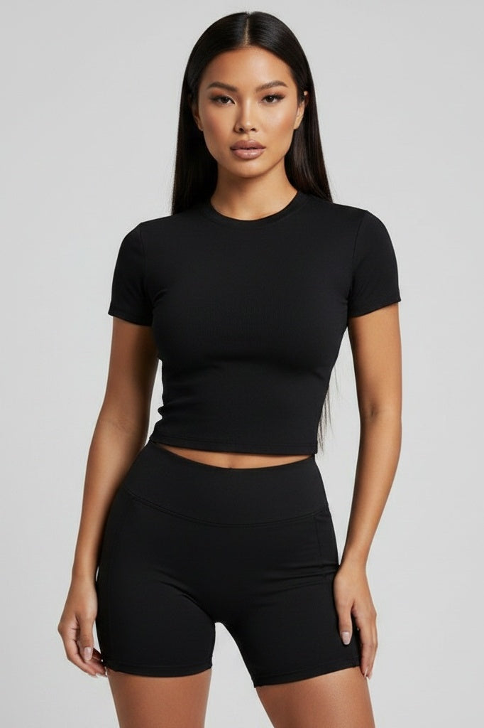 Short-Sleeve Fitted Top & High-Stretch Shorts Set — S — Front