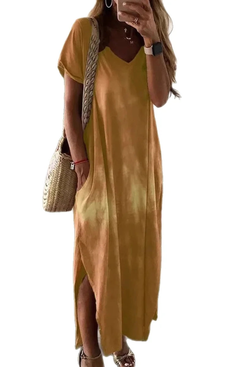 Supplier reference — V-neck short-sleeved ginger solid color dress, com