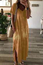 Supplier reference — V-neck short-sleeved ginger solid color dress, com