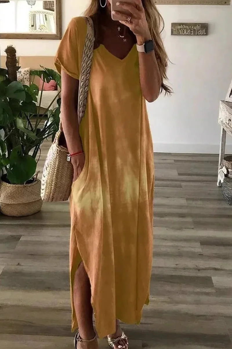 Supplier reference — V-neck short-sleeved ginger solid color dress, com