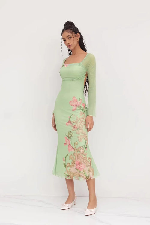 Supplier reference — L25D063-Strap V-neck printed sexy slim long skirt 