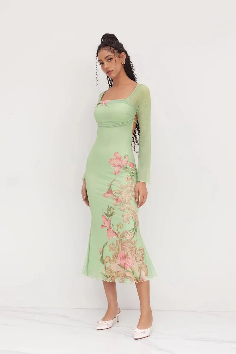 Supplier reference — L25D063-Strap V-neck printed sexy slim long skirt 