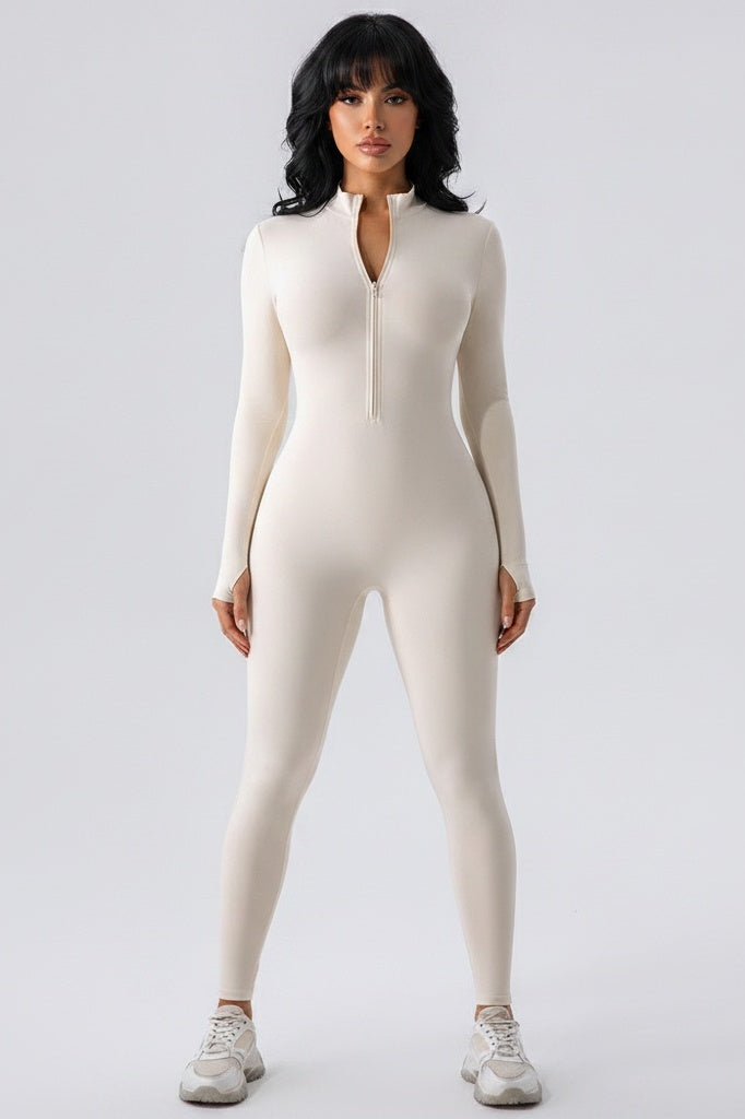 Zip-Front Long-Sleeve Yoga Bodysuit — S/4 — Front